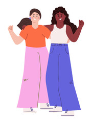 Two diverse happy women standing together, smiling, embracing in friendship, with raised hands with closed fists. Diversity, unity and inclusion concept. Modern flat vector illustration