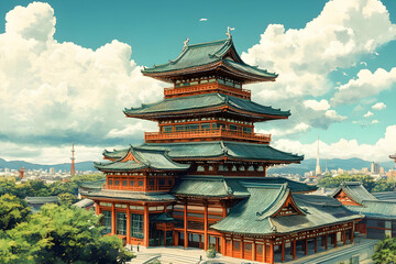 Naklejka premium Japanese Pagoda, Cityscape, Sunny Day, Travel Poster