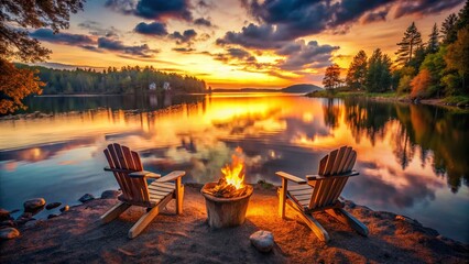Lakeside Campfire Sunset: Adirondack Chairs & Cozy Flames