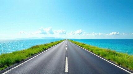 Fototapeta premium Asphalt ribbon unwinding towards a tranquil ocean horizon under a vibrant summer sky, bordered by lush coastal grasses.