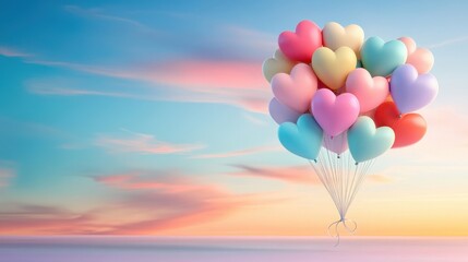 Naklejka premium A Colorful Collection of Heart-Shaped Balloons Against a Soft Gradient Sky at Sunset, Perfect for Celebrations, Love Themes, and Romantic Occasions