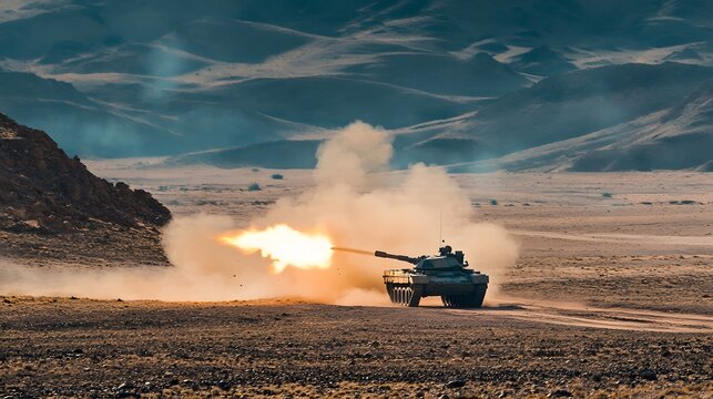 A tank firing a round during live-fire exercises in a desert terrain.