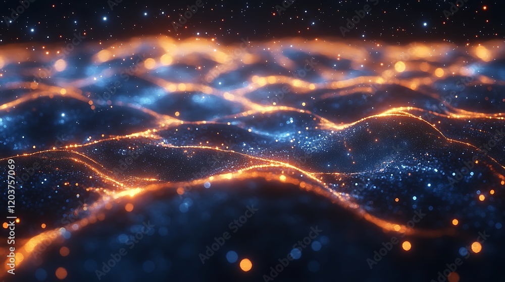 Poster celestial waves: abstract digital art depicting a mesmerizing cosmic landscape with undulating waves