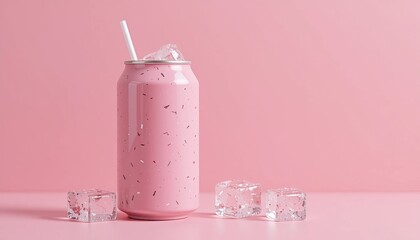 Pink can with paper straw and ice cubes with light pink background