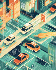 A vibrant, stylized cityscape depicting busy traffic and urban infrastructure.
