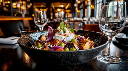 A bowl of steaming Indian chicken biryani served with vibrant accompaniments like raita, chutney, and aromatic spices, emphasizing rich culinary tradition