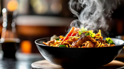 A bowl of steaming Indian chicken biryani served with vibrant accompaniments like raita, chutney, and aromatic spices, emphasizing rich culinary tradition