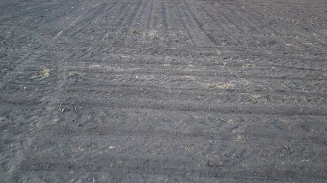 Drone flyover of a freshly plowed field with parallel rows of soil.