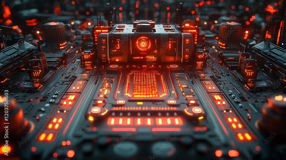 Poster cyberpunk control panel: a futuristic, high-tech control panel glows with vibrant orange and red lig