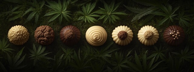 Obraz premium Close-Up of Cannabis-Infused Chocolates with Cannabis Leaves on Dark Background, Edible Cannabis, Gourmet Treats, Wellness, Alternative Medicine, Luxury Confectionery
