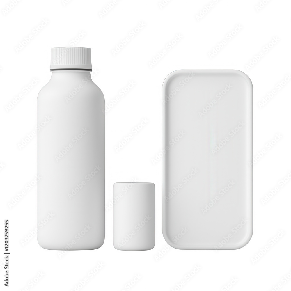 Poster three blank containers for beverages, ready for customization and branding., isolated on a transpare