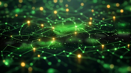 Obraz premium Abstract Digital Network: An abstract digital network of glowing green lines and golden nodes forming a complex web on a dark background.