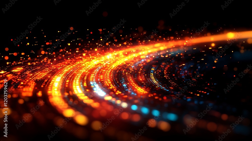 Poster abstract energy vortex: a mesmerizing swirl of vibrant, fiery orange and blue light trails across a 