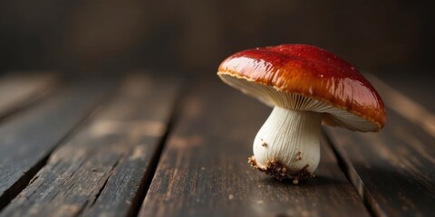 A single, vibrant mushroom with a reddish-brown cap rests on a rustic wooden surface, showcasing its natural beauty and delicate texture.