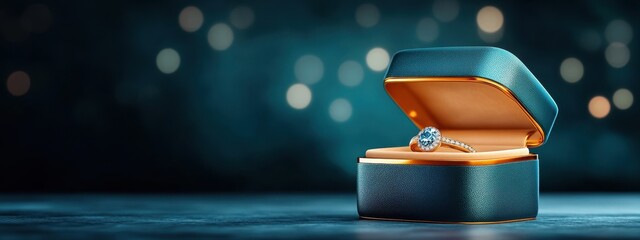 Elegant Open Jewelry Box Showcasing Dazzling Ring with Blue Gem and Pearls on a Softly Lit Surface amidst a Bokeh Background for Romantic Occasions and Special Gifts