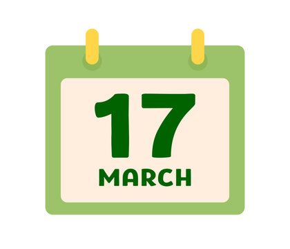 Saint Patrick's Day Paper Calendar, Notes Reminder, March 17. Ireland holiday lucky item, fortune symbols. Flat Vector illustration isolated on white background