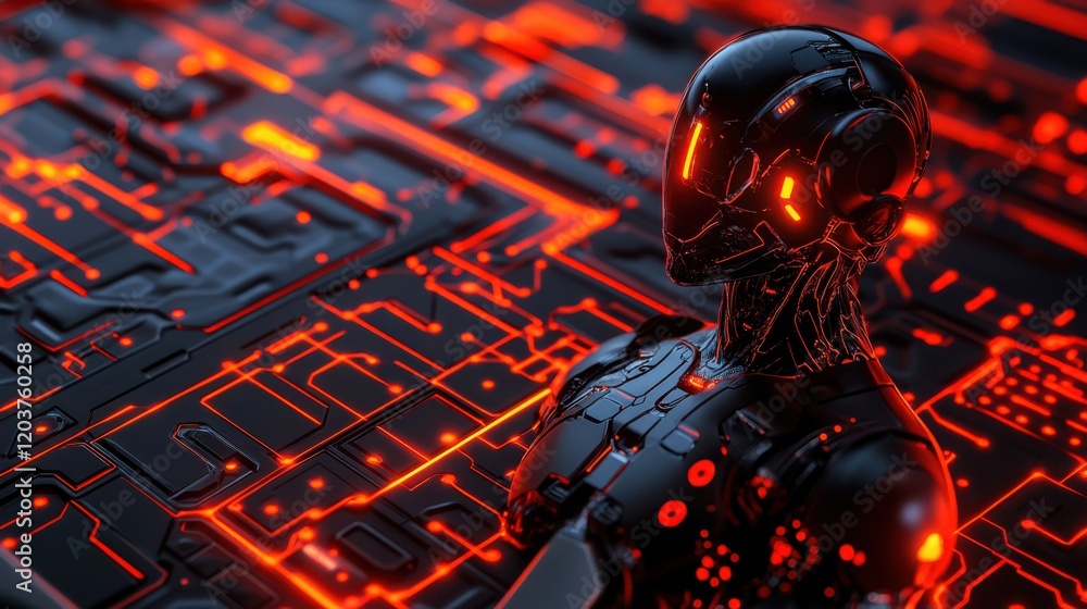 Poster futuristic humanoid robot standing against a high-tech circuit board background illuminated in red