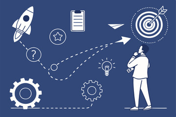 Business strategy, problem-solving journey, innovation process, blue background, flat design icons, rocket launch, checklist, gears, light bulb idea, target goal,