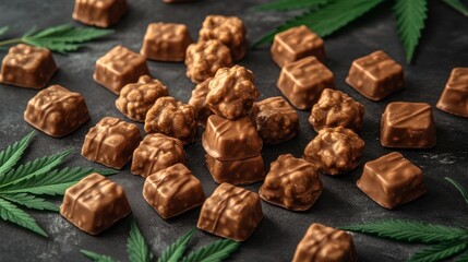 Obraz premium Close-Up of Cannabis-Infused Chocolates with Cannabis Leaves on Dark Background, Edible Cannabis, Gourmet Treats, Wellness, Alternative Medicine, Luxury Confectionery