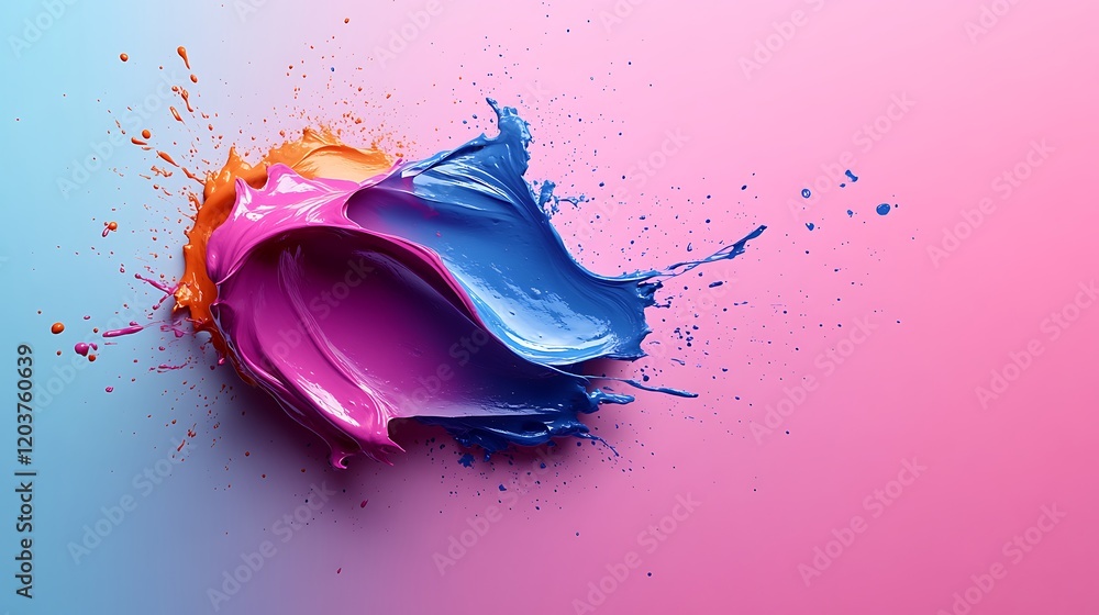 Poster vibrant color collision: a dynamic image showcasing a vibrant collision of pink, blue, and orange pa