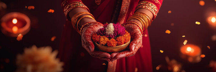 Indian diya lamp, holiday symbol. Woman's henna-decorated hands hold a bowl of colorful flowers.