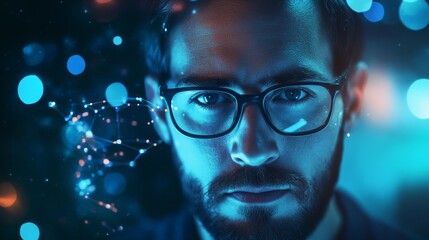 A focused man in glasses stares intently against a backdrop of blue and glowing digital particles, suggesting a theme of technology and innovation.