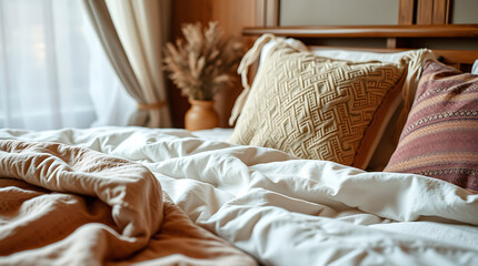 Obraz premium Cozy Bedroom Interior Design: Soft Bedding, Natural Textures, and Serene Atmosphere