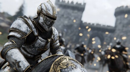 Fototapeta premium Medieval knight in battle with castle backdrop