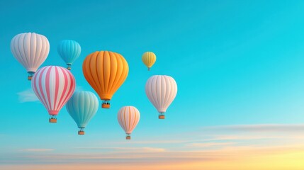 Obraz premium Colorful Hot Air Balloons Floating Gracefully Against a Clear Blue Sky at Sunrise Surrounded by Wispy Clouds in a Picturesque Scenic Landscape