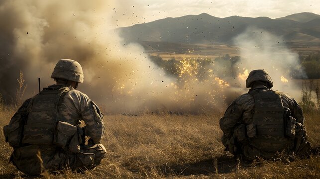 Soldiers conducting a live-fire exercise in a field with targets exploding in the distance.