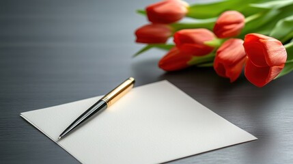 Elegant Composition Featuring Fresh Red Tulips and a Blank Notepad with a Pen on a Dark Wooden Surface, Ideal for Spring, Love, or Writing Themes