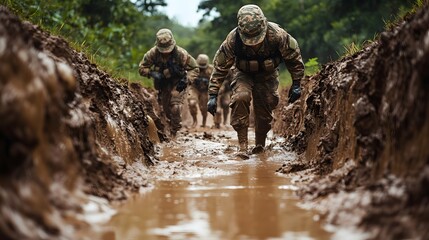 Soldiers crossing a muddy trench during a grueling military obstacle course.
