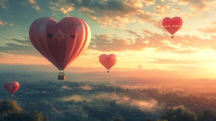 Obraz premium A Valentine's Day themed hot air balloon ride, with heart-shaped balloons soaring high above a scenic landscape