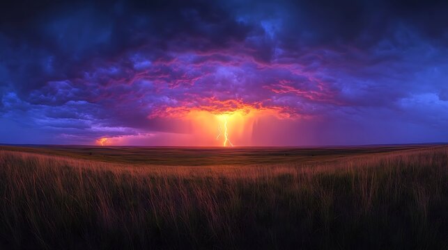 Lightning Strikes: An awe-inspiring panoramic landscape shot of a powerful lightning strike illuminating the stormy sky above a field of golden wheat.