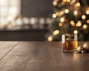 Festive holiday scene with whiskey glass and christmas tree decor