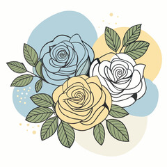 Charming bouquet of roses in pastel colors with green foliage.