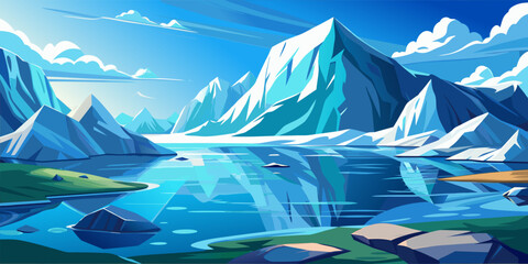 Serene Mountain Landscape with Blue Sky and Reflective Lake.