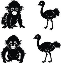 A cute baby Orangutan and Ostrich silhouette illustration. © MDAriful