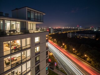 Obraz premium Long Exposure City Lights Blurred Modern Apartment Building Night
