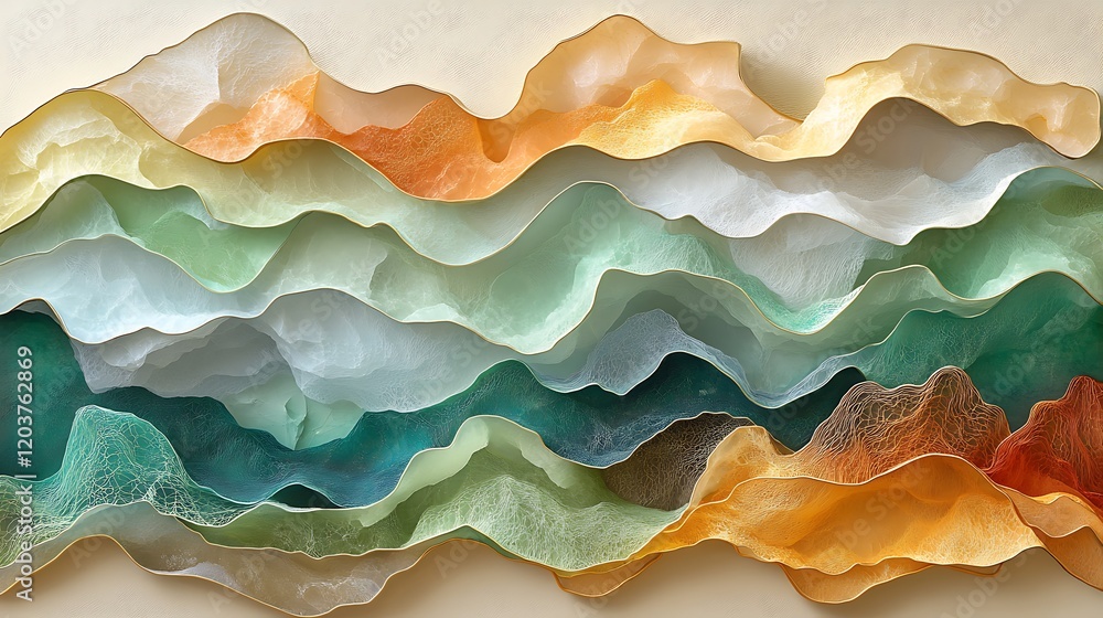 Poster layered landscape: an abstract art piece depicting a serene and layered mountain range in a palette 
