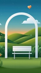 Serene Landscape with White Bench Under Arch in a Peaceful Garden Setting, Colorful Hills, Greenery, and Gentle Sky at Sunset