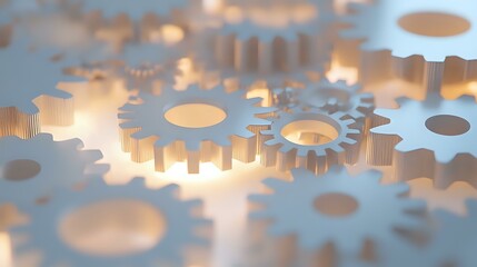 Abstract arrangement of interlocking gears and cogs illuminated by soft light, highlighting their intricate mechanical details
