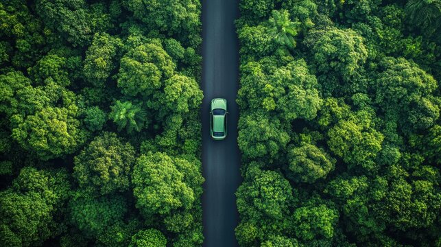 Aerial view of green car on forest road surrounded by lush green trees