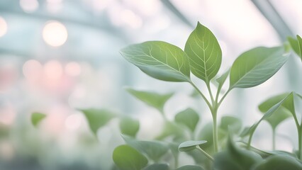 Close-up of delicate green sprouts growing in a soft, blurred greenhouse setting.