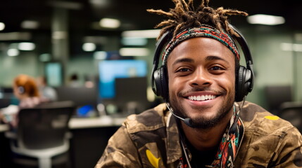 A cheerful customer service representative in a call center helping a client with a bright and friendly demeanor, promoting excellent communication