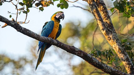 A stunning macaw parrot sitting gracefully on a tree branch, showcasing its bright, colorful plumage and tropical beauty in nature.
