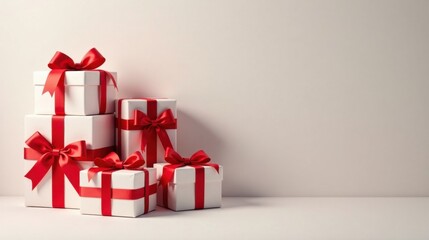 Obraz premium A Stack of Elegantly Wrapped Presents with Vibrant Red Ribbons, Ready for Gifting and Celebration