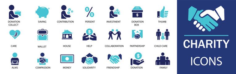 Charity icons set. Featuring detailed illustrations of hands, donations,  unity and more. Vector illustration. Easily changes to any color. Cohesive set of scalable vector icons.