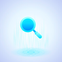 Business icon featuring a blue magnifying glass with a handle, symbolizing search or investigation The magnifying glass is centrally positioned and prominently displayed representing clarity and focus