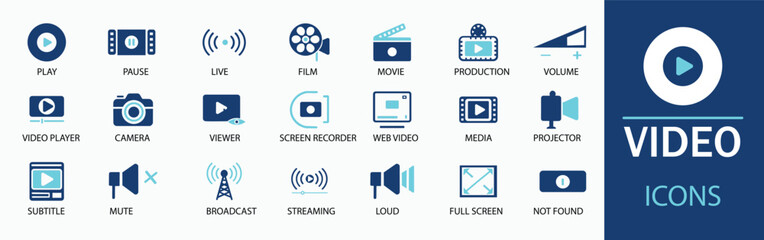 Video icon set. Featuring detailed illustrations of camera, play, pause, media, online video, live, production, player, movie and cinema icons. Cohesive set of scalable vector icons.